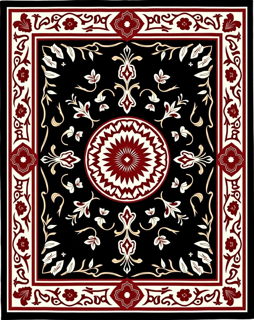 Crimson Floral Medallion Black Rug