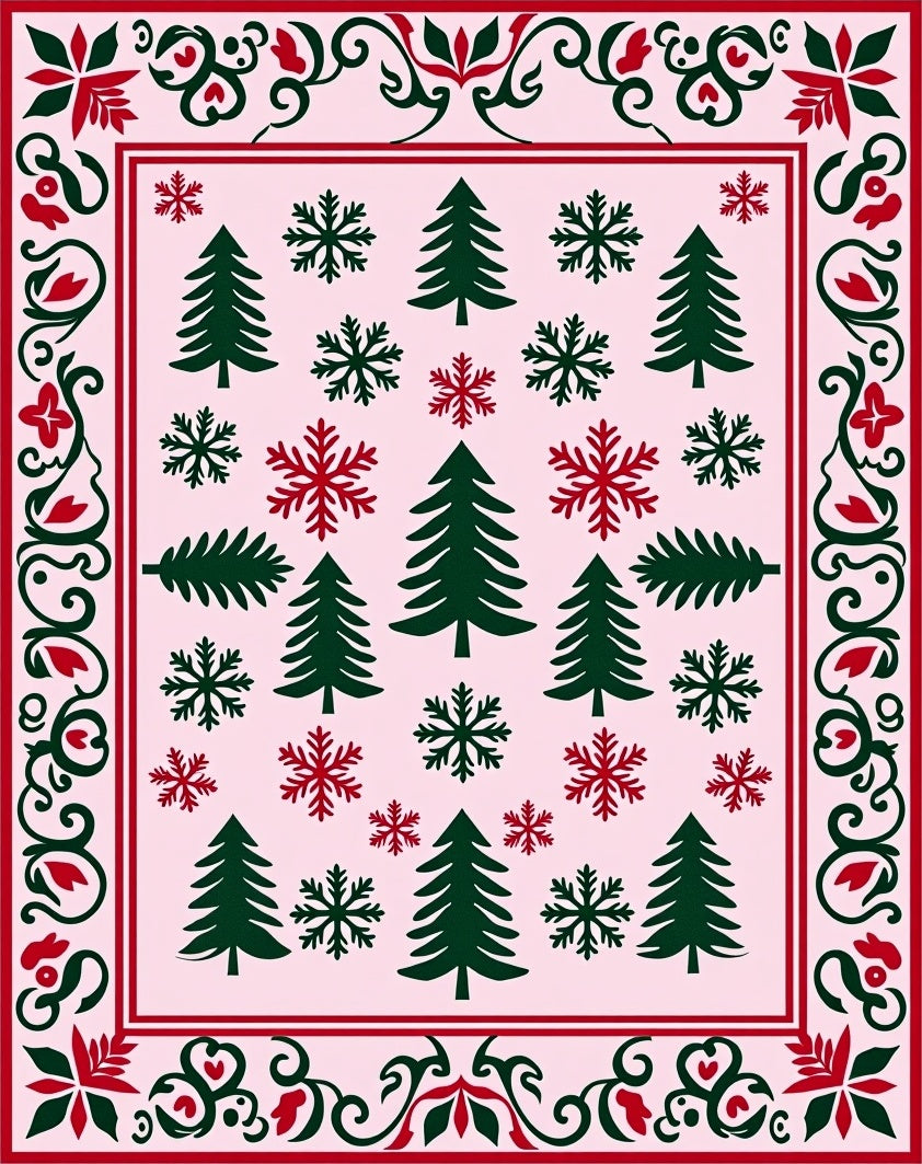 Red Green Snowflakes Pine Trees Border Rug