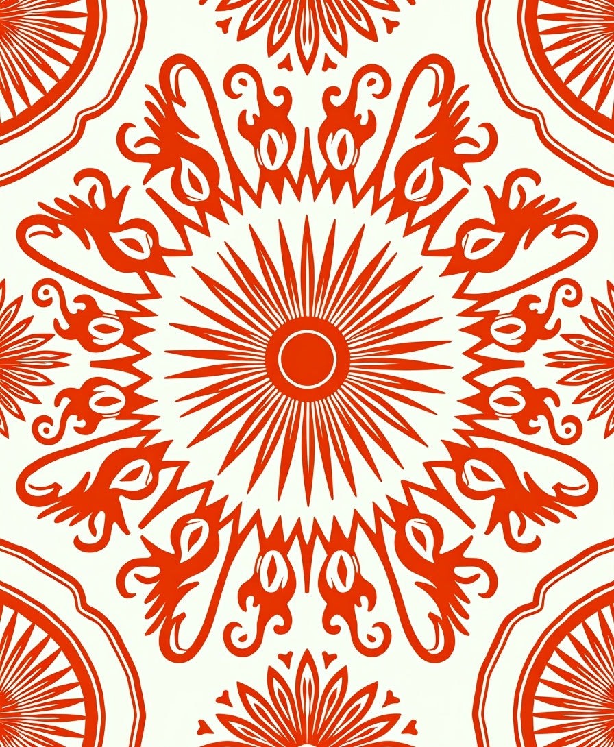 Crimson Sunburst Medallion Folk Rug