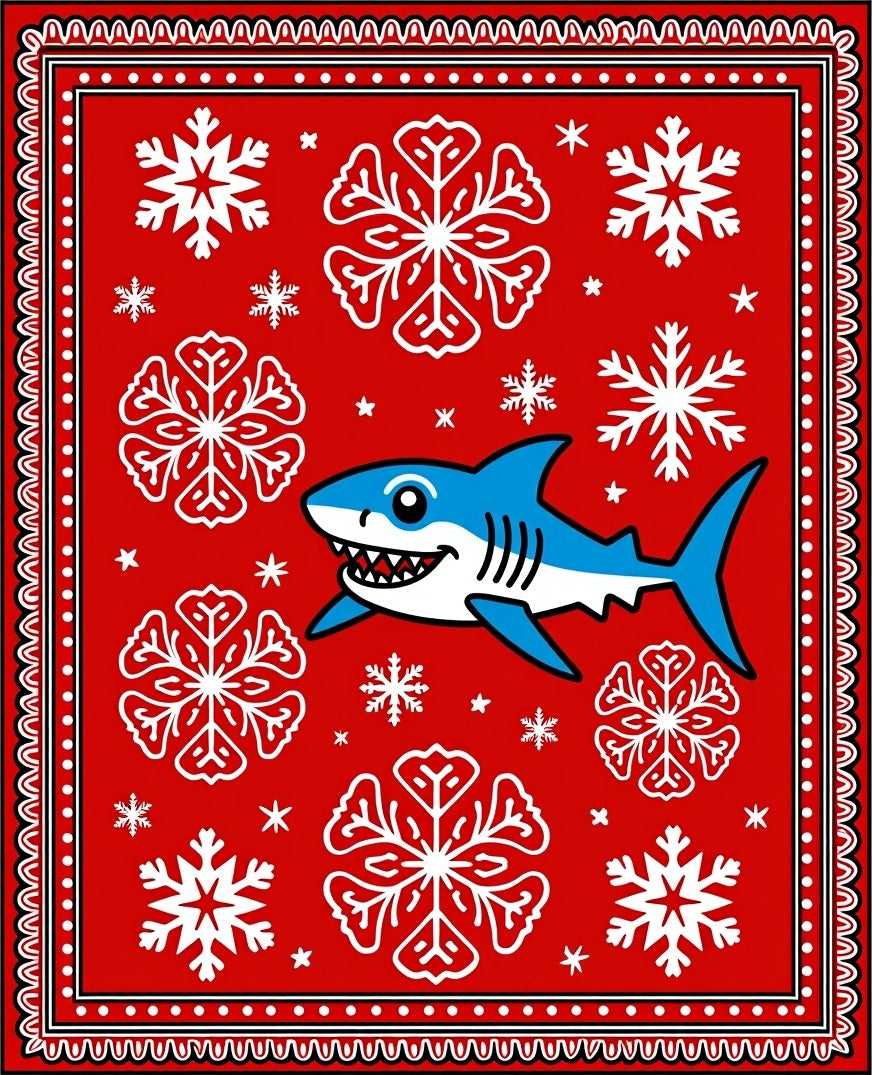 Whimsical Blue Shark Snowflake Festivity Rug