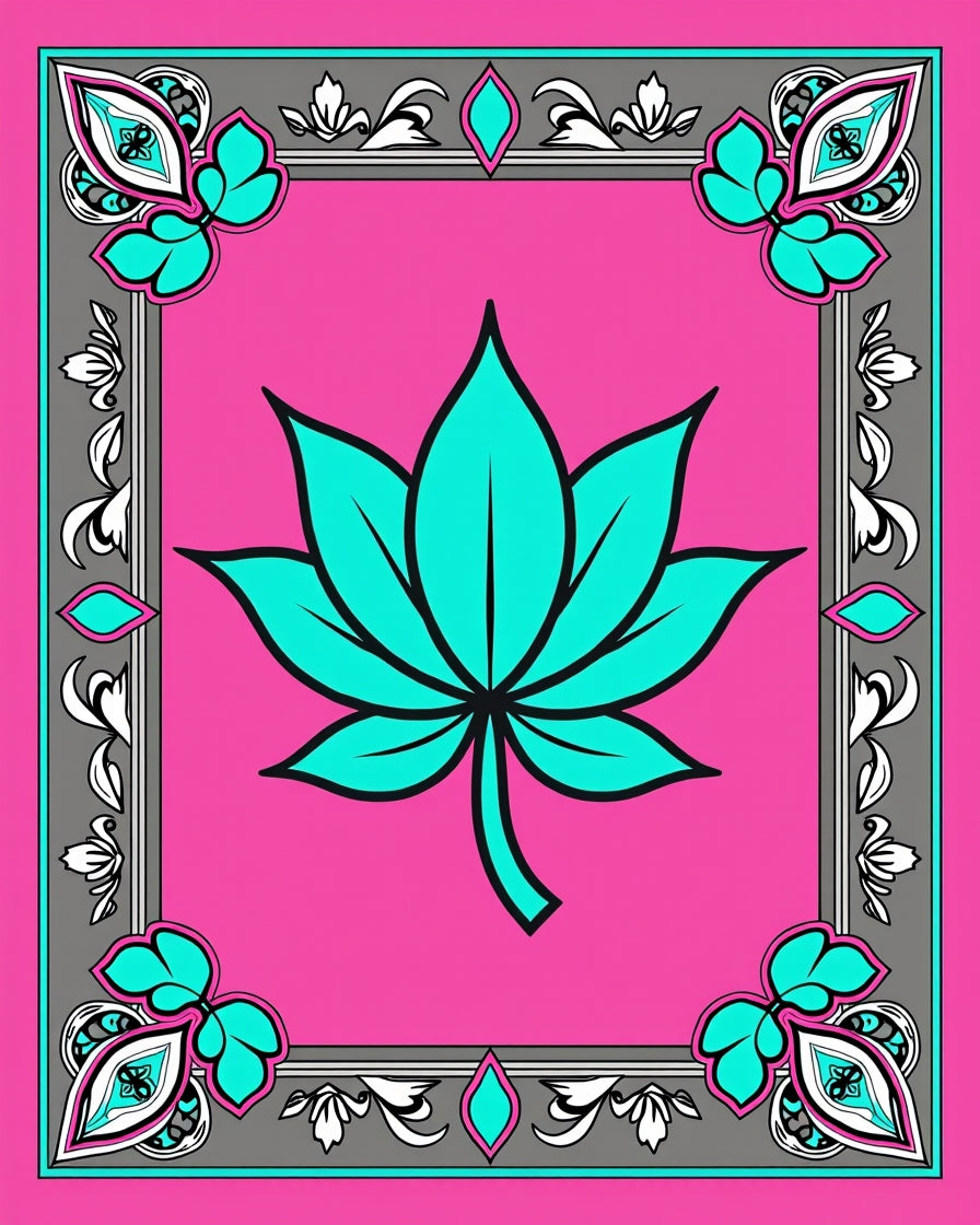 Vibrant Pink Teal Lotus Floral Frame Rug
