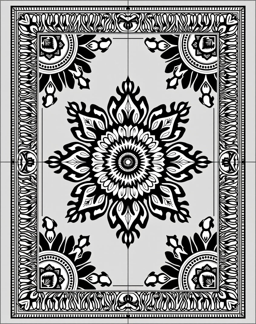 Black White Floral Mandala Border Rug