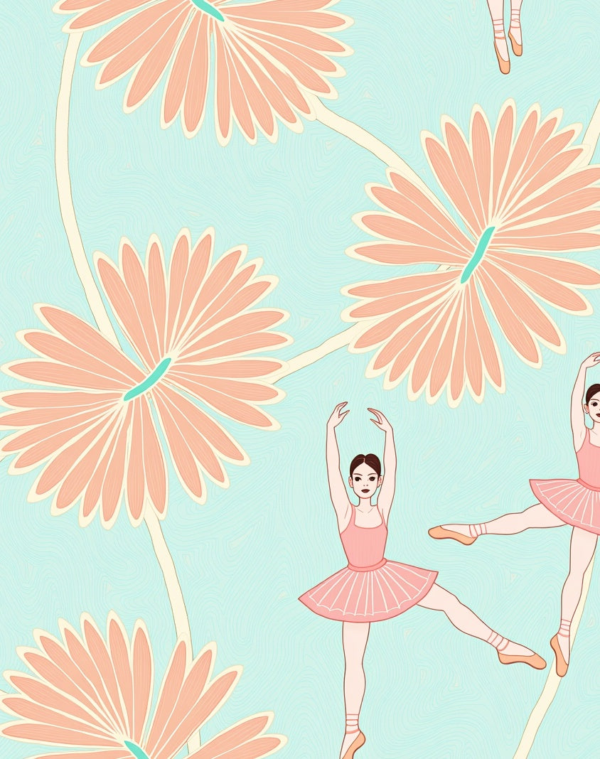 Peach Ballerinas on Aqua Floral Background Rug