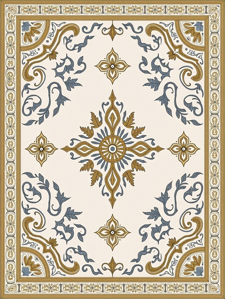 Ornate Gold Blue Medallion Border Rug