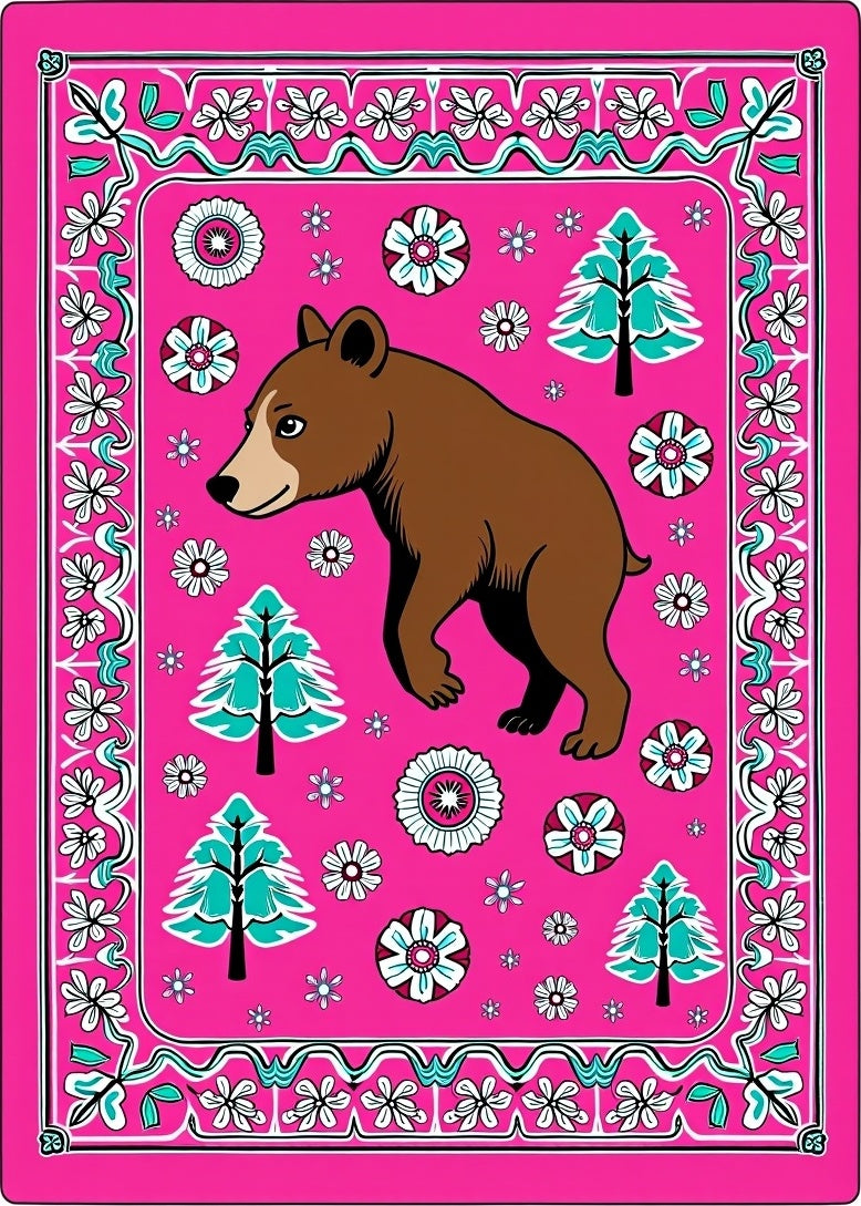 Whimsical Brown Bear Pink Floral Trees Rug