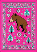 Whimsical Brown Bear Pink Floral Trees Rug
