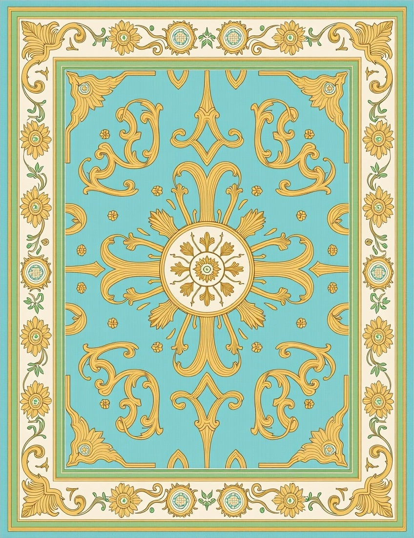 Golden Acanthus Leaf Medallion Teal Rug