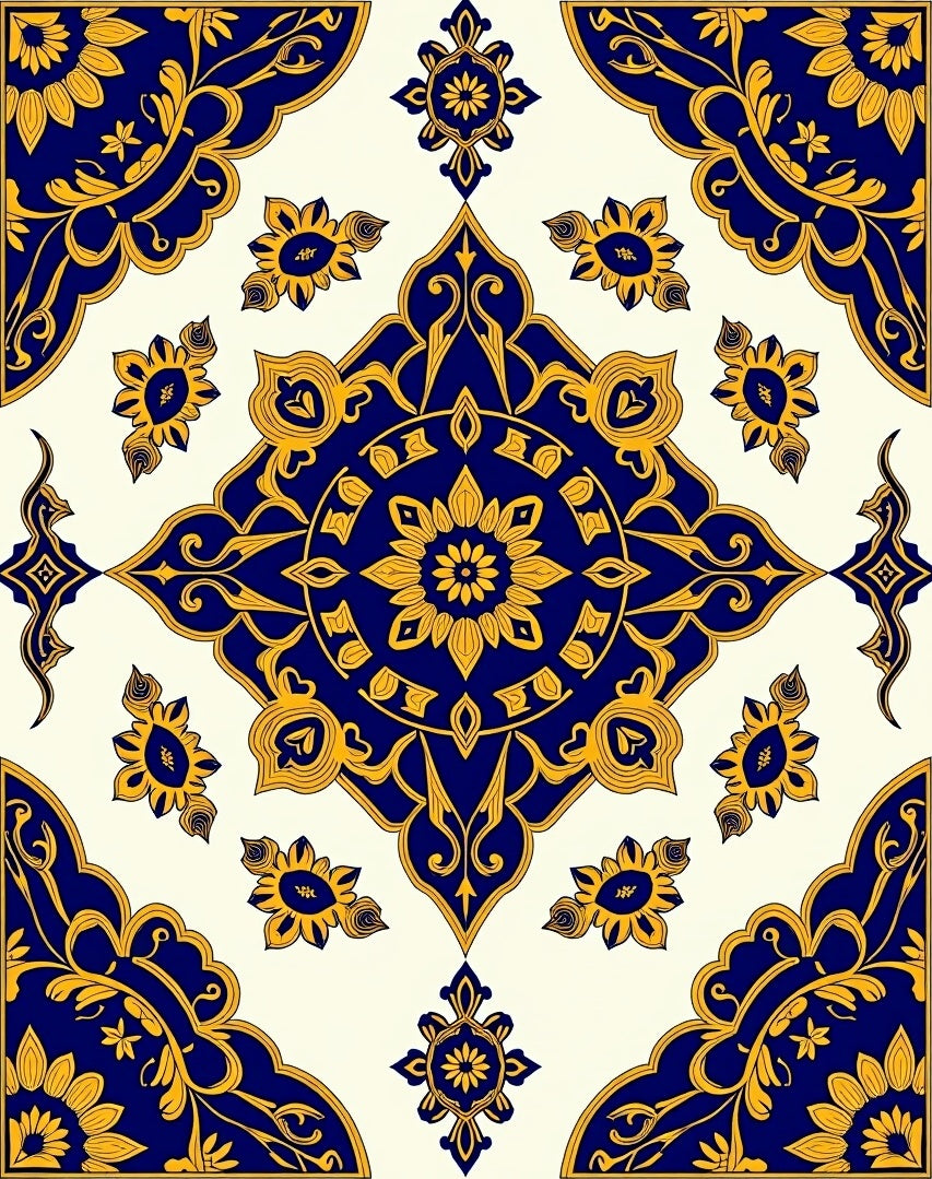 Ornate Blue Gold Floral Medallion Rug