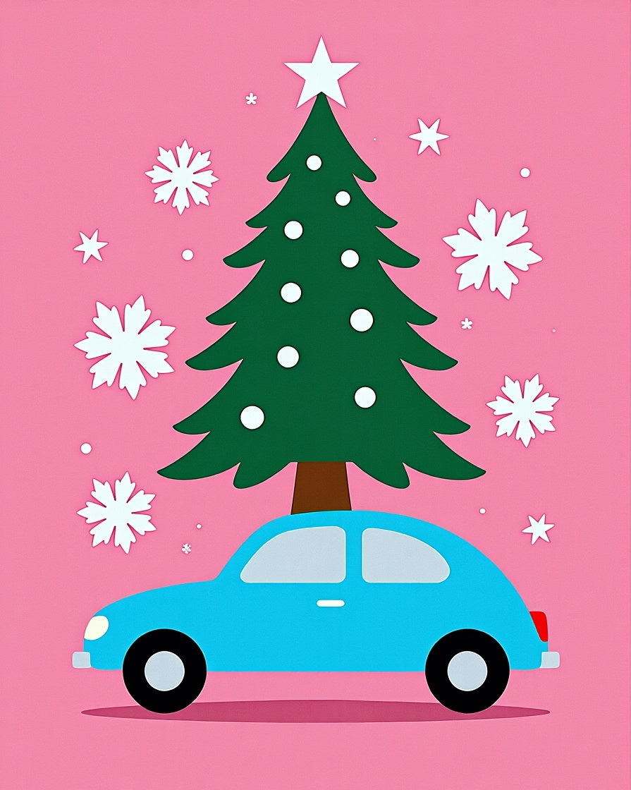 Bright Blue Car Christmas Tree Snowflakes Rug