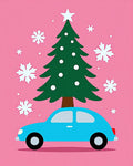 Bright Blue Car Christmas Tree Snowflakes Rug