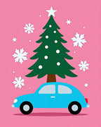 Bright Blue Car Christmas Tree Snowflakes Rug