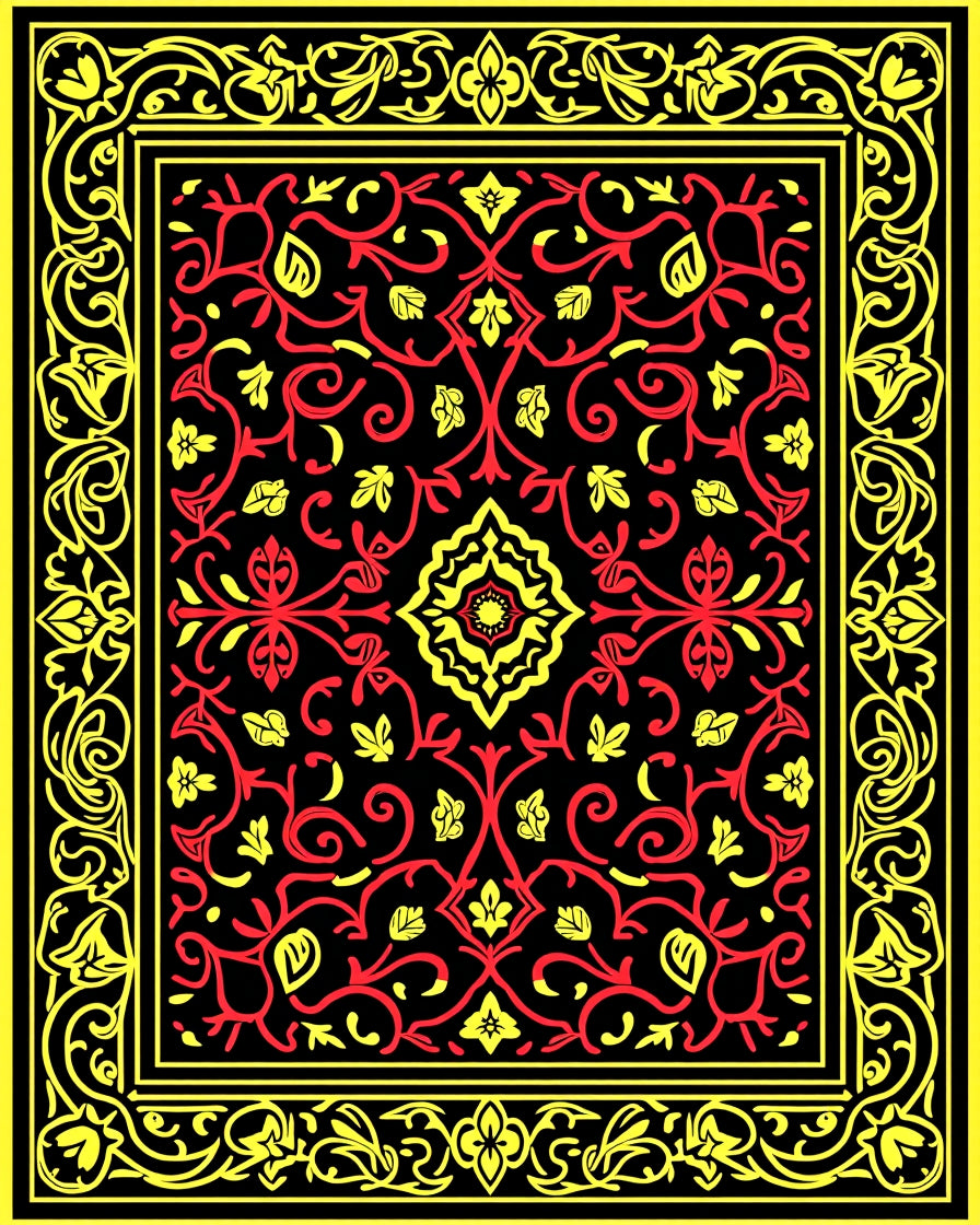 Red Yellow Floral Scroll Lattice Rug