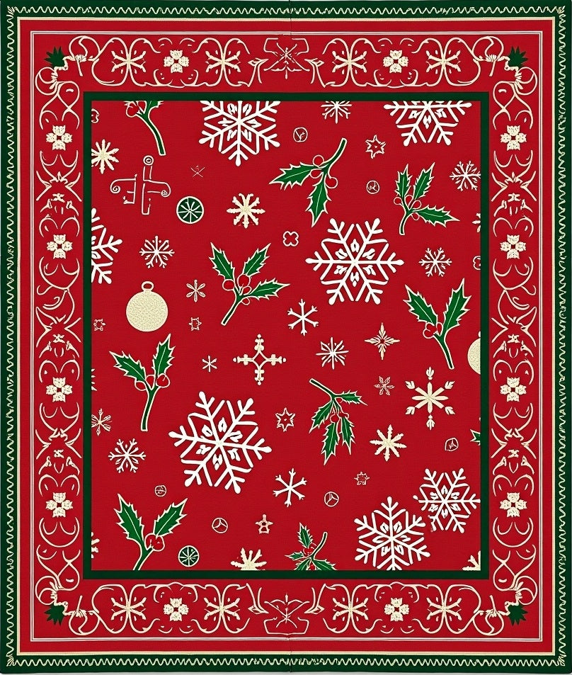 Festive Red Snowflake Holly Christmas Rug