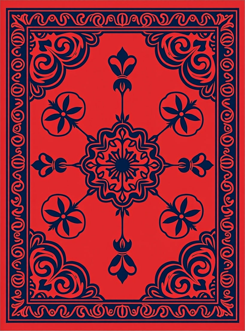 Crimson Navy Floral Medallion Border Rug