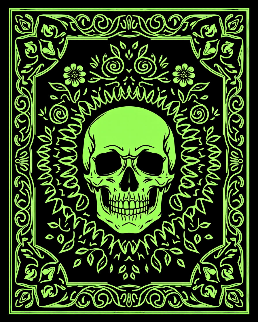 Glow In Dark Skull Floral Border Rug