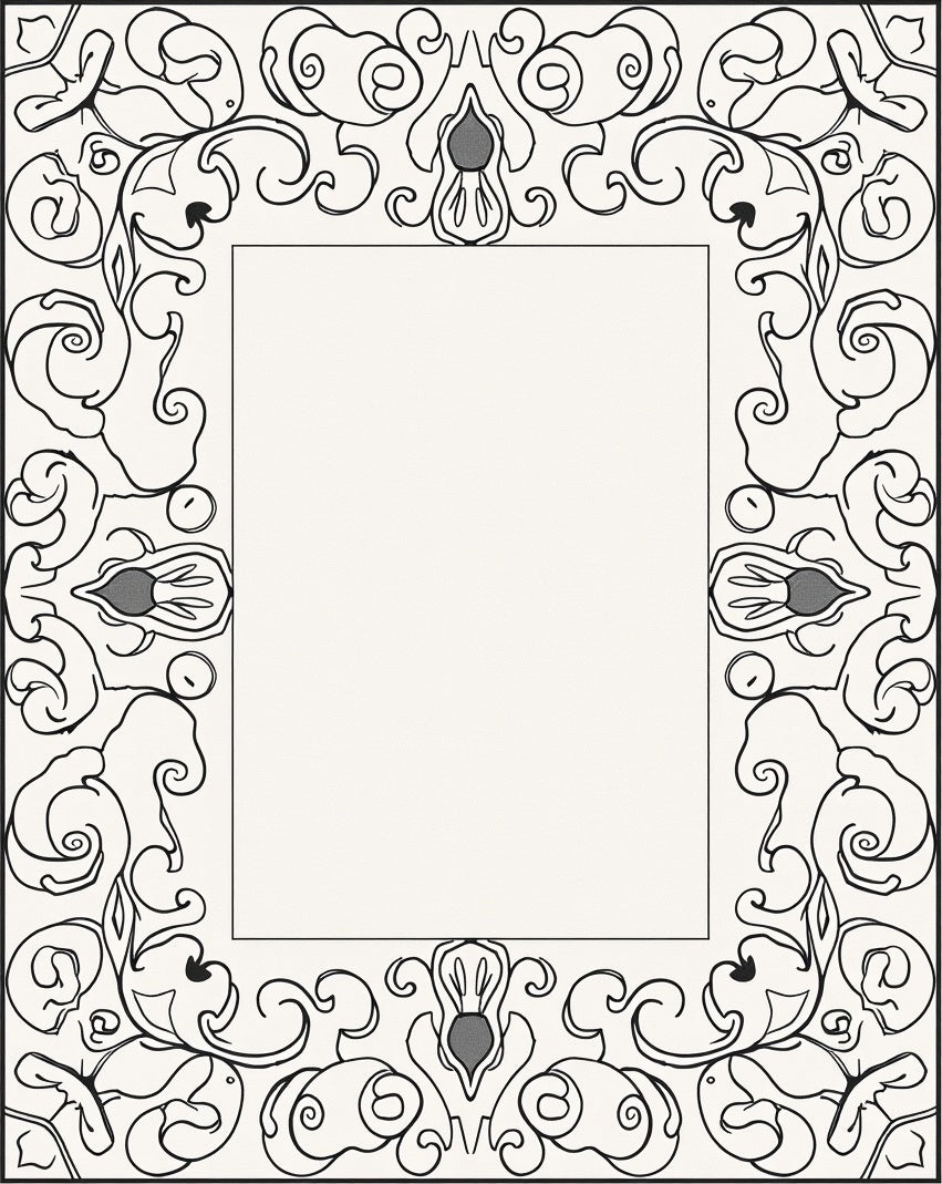 Elegant Black Outline Floral Scroll Frame Rug