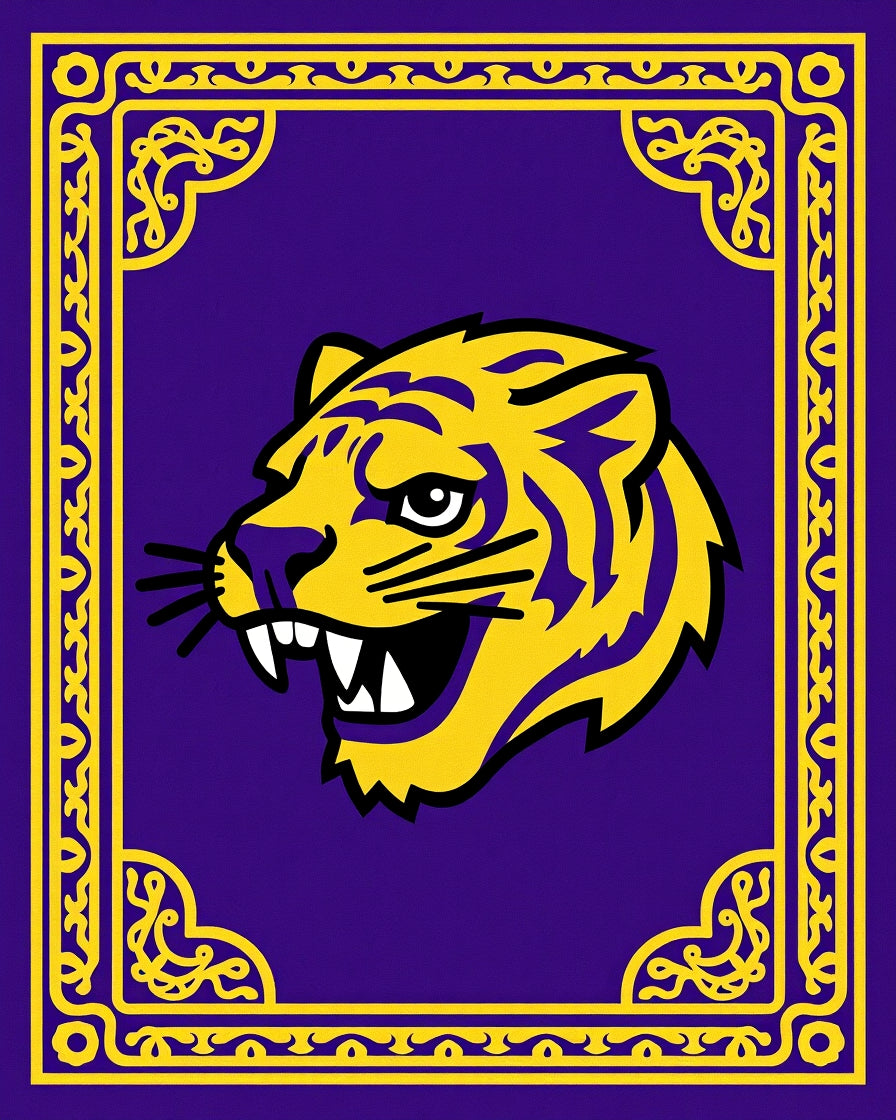 Purple and Yellow Tiger Portrait Border Rug