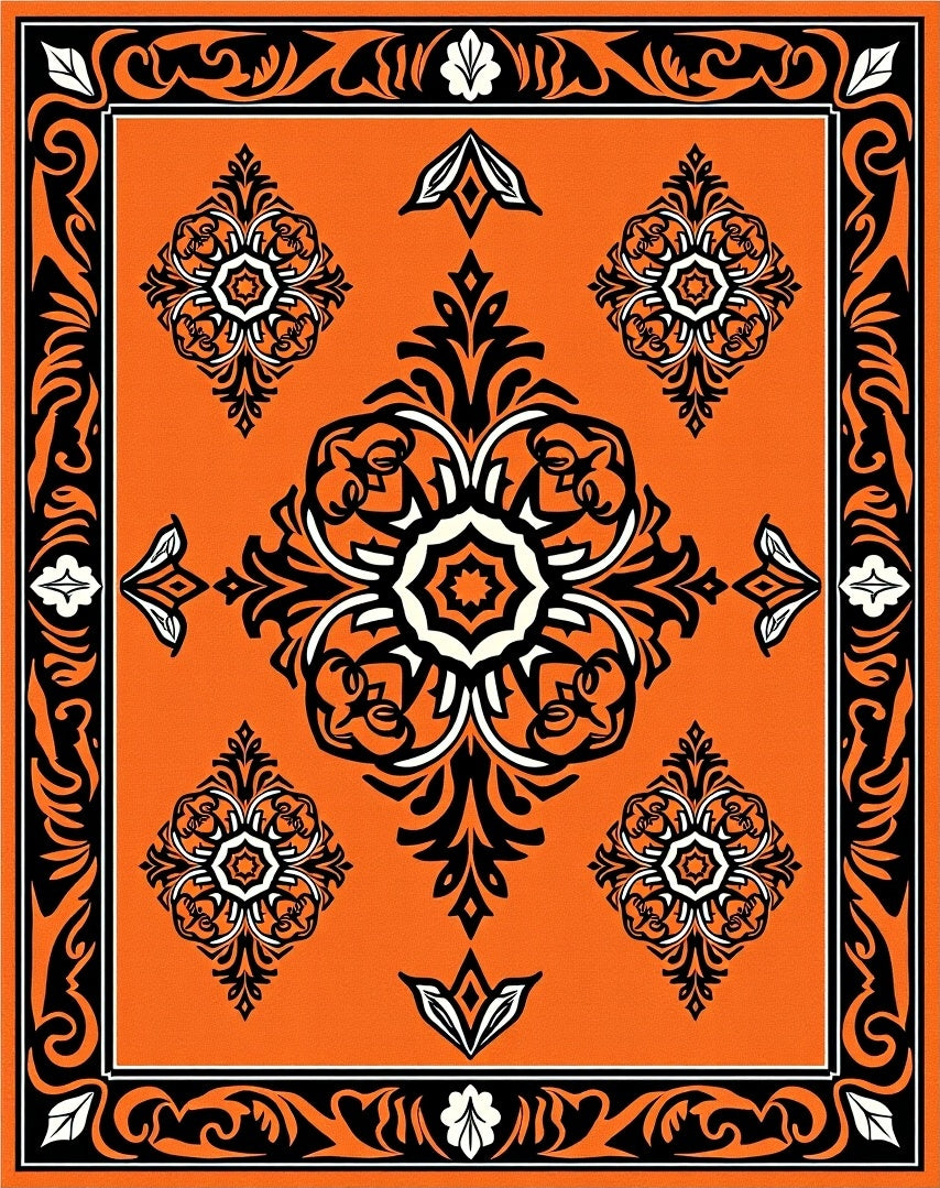 Vibrant Orange Medallion Scrollwork Rug