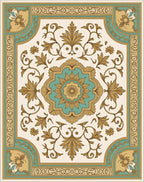 Gold Teal Floral Medallion Frame Rug