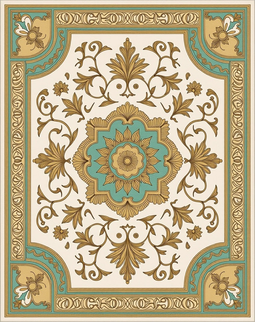Gold Teal Floral Medallion Frame Rug