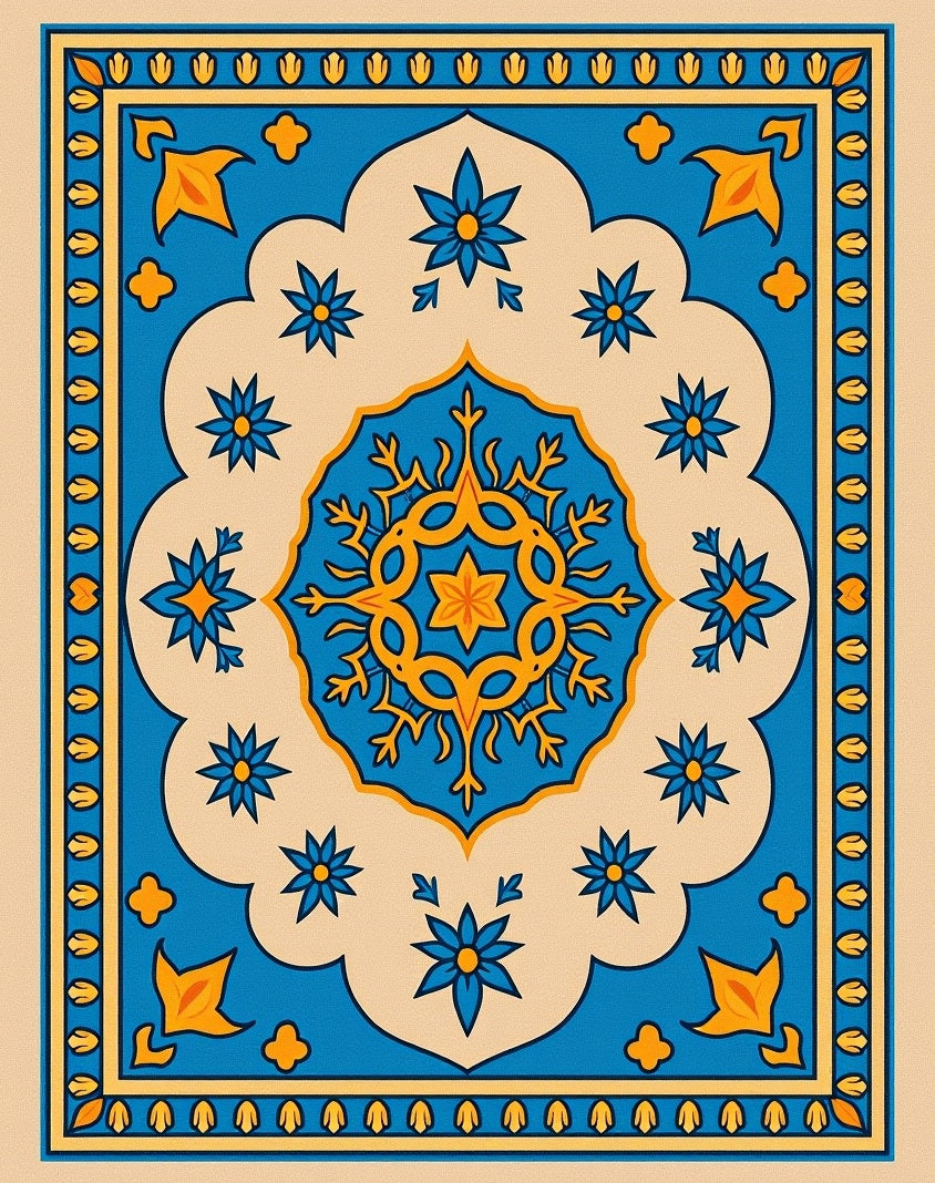 Bold Blue Yellow Floral Medallion Rug