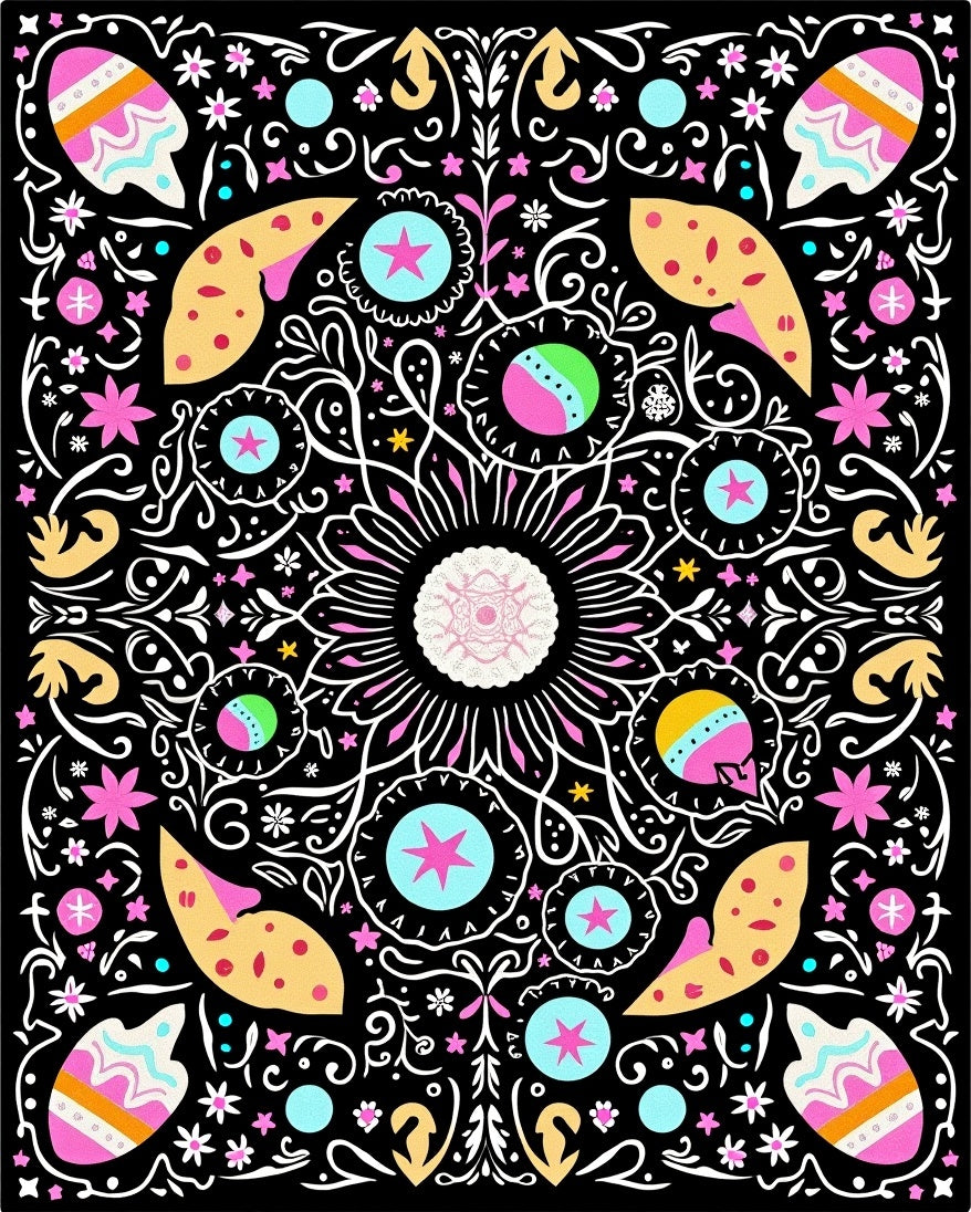 Whimsical Black Floral Colorful Medallion Rug
