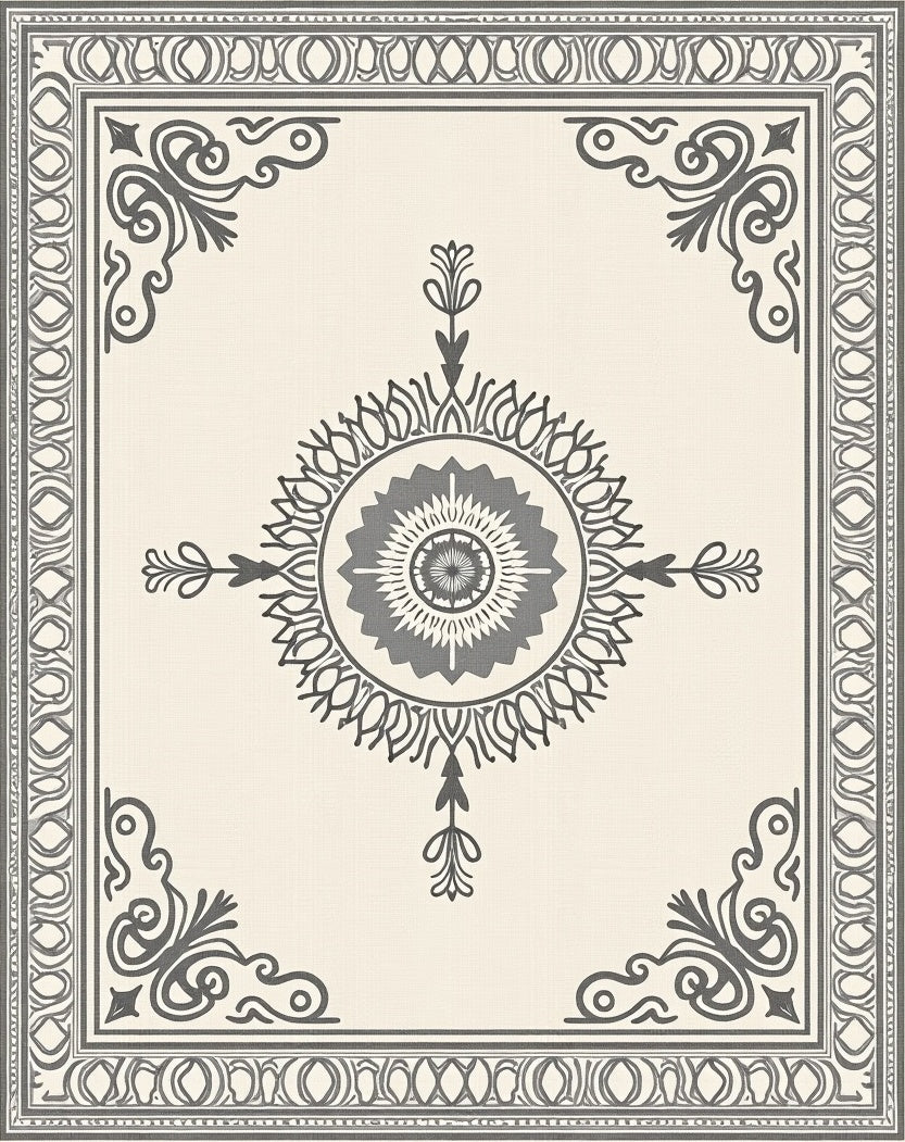 Cream Gray Mandala Frame Rug