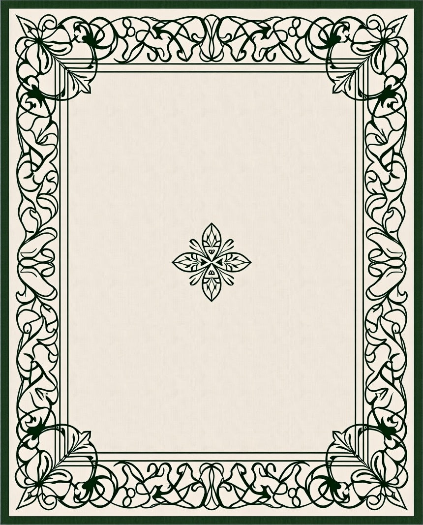 Elegant Ivory Dark Green Scroll Frame Rug