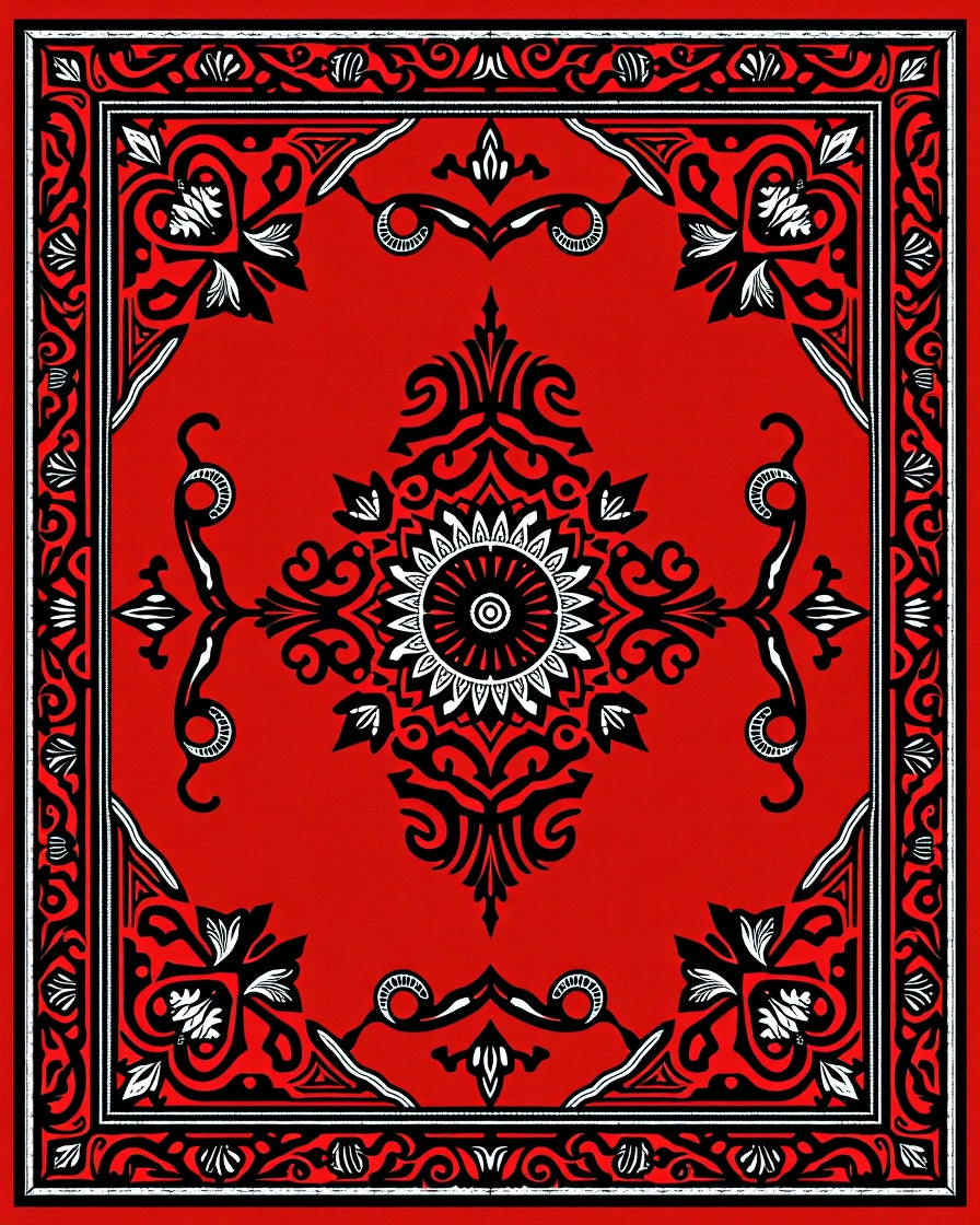 Vibrant Red Black Medallion Border Rug