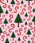 Festive Christmas Trees Red Swirls Stars Rug