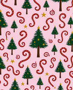Festive Christmas Trees Red Swirls Stars Rug