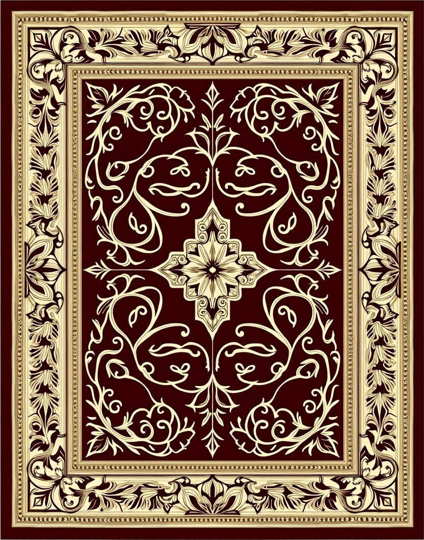 Deep Red Ivory Floral Border Rug