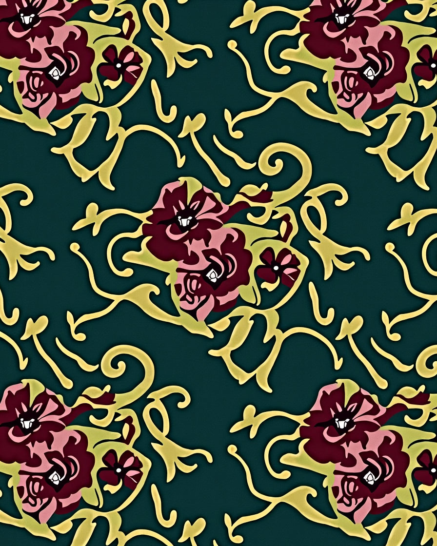 Deep Teal Floral Scrollwork Artwork Rug