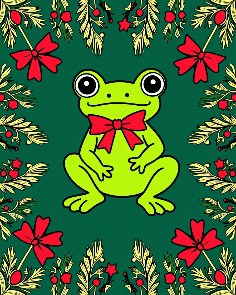 Festive Green Frog Red Bow Collage Rug