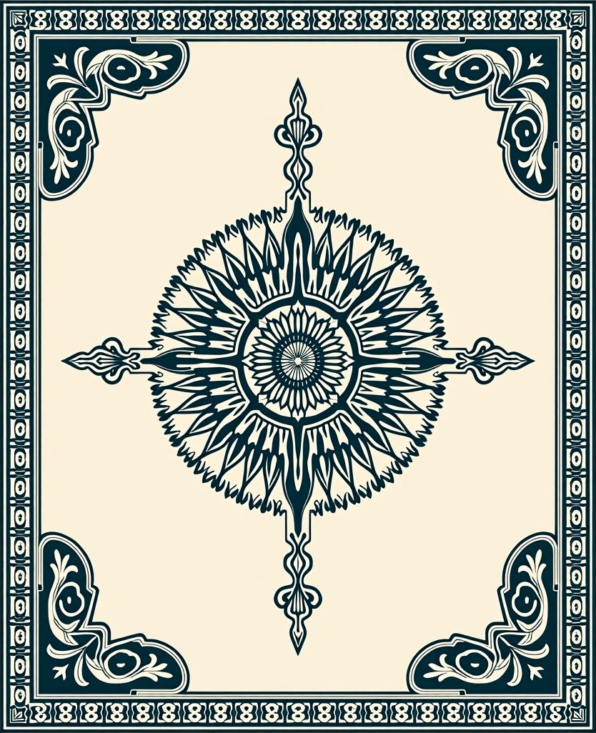 Navy Sunburst Floral Mandala Corner Rug