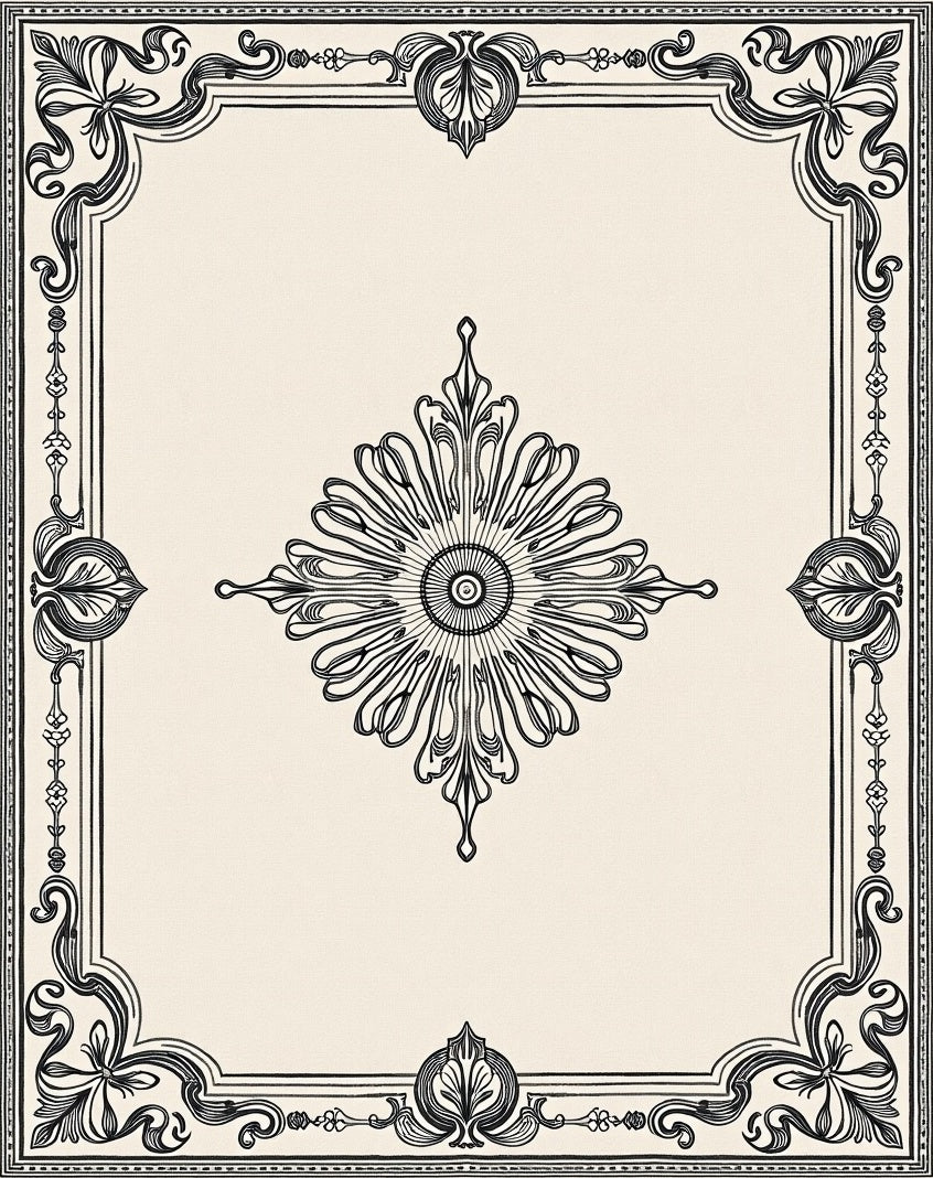 Elaborate Black Cream Floral Frame Rug