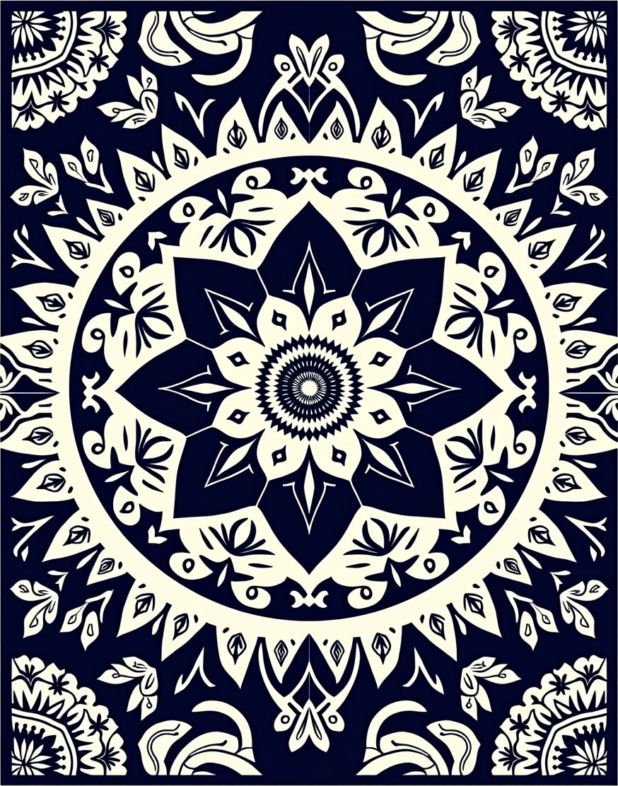 Deep Navy Ivory Mandala Bloom Rug
