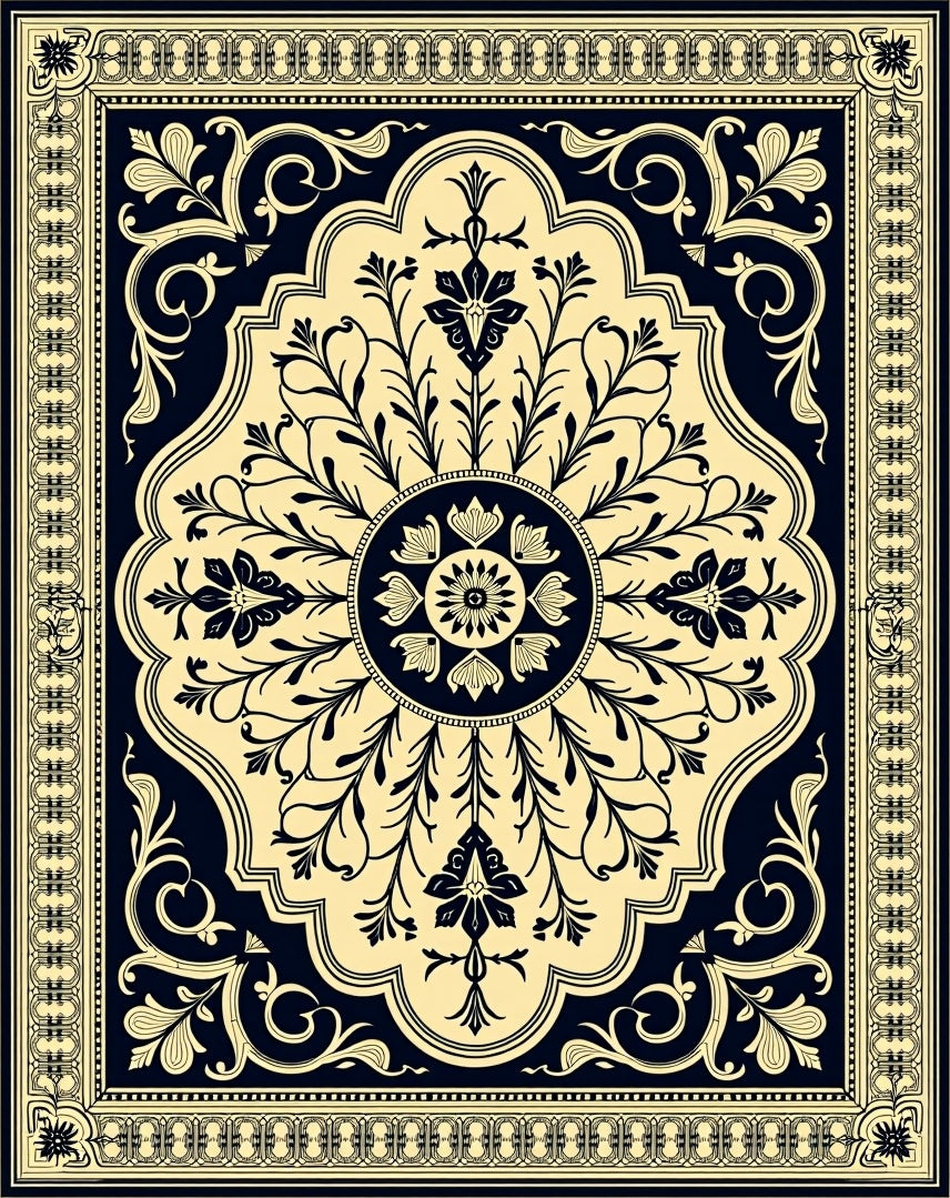 Golden Navy Floral Medallion Rug