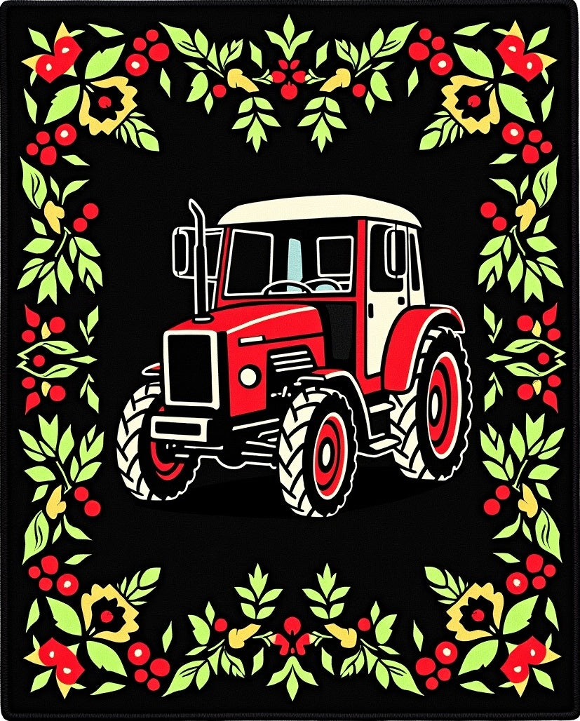 Red Tractor Floral Garland Border Rug