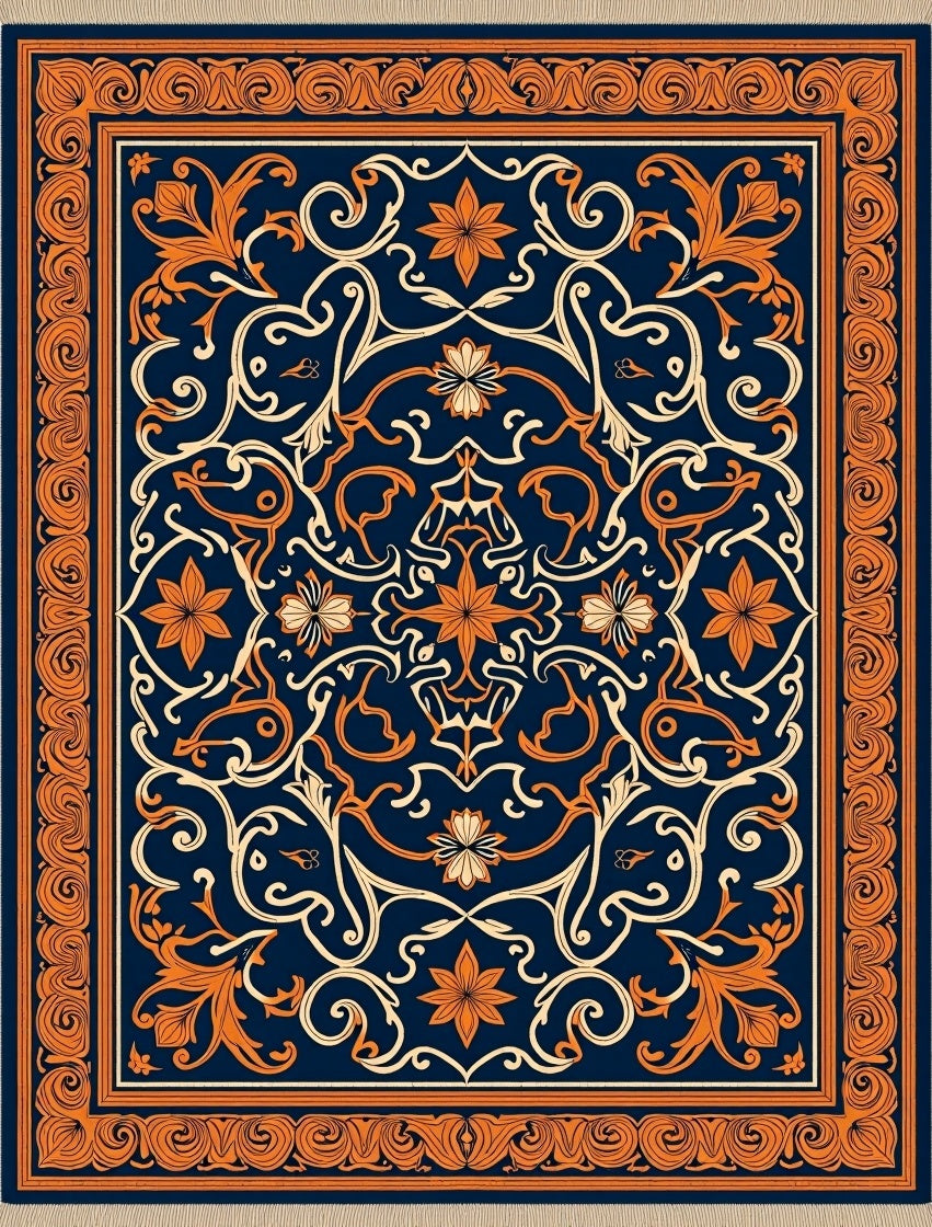Navy Orange Floral Vintage Medallion Rug