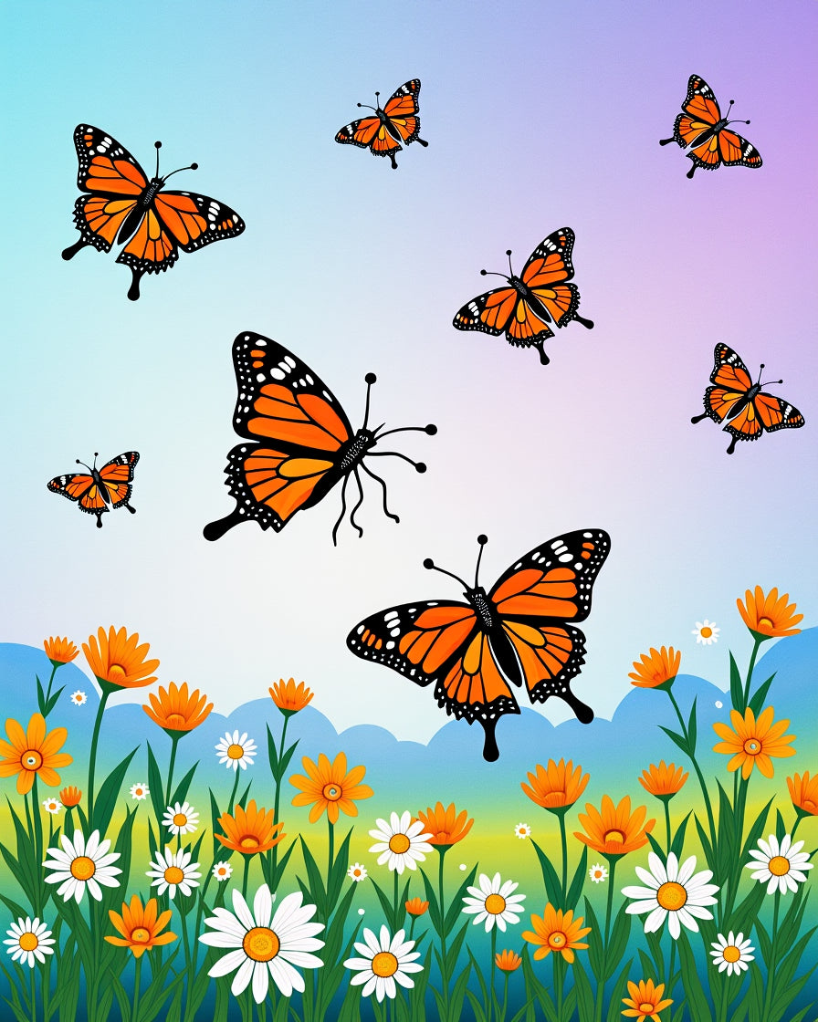 Orange Monarch Butterflies Over Floral Meadow Rug