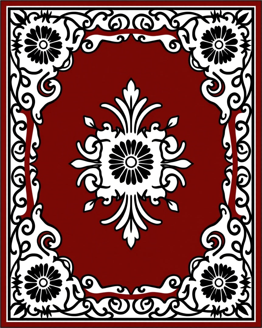 Deep Red Floral Scroll Ornament Rug