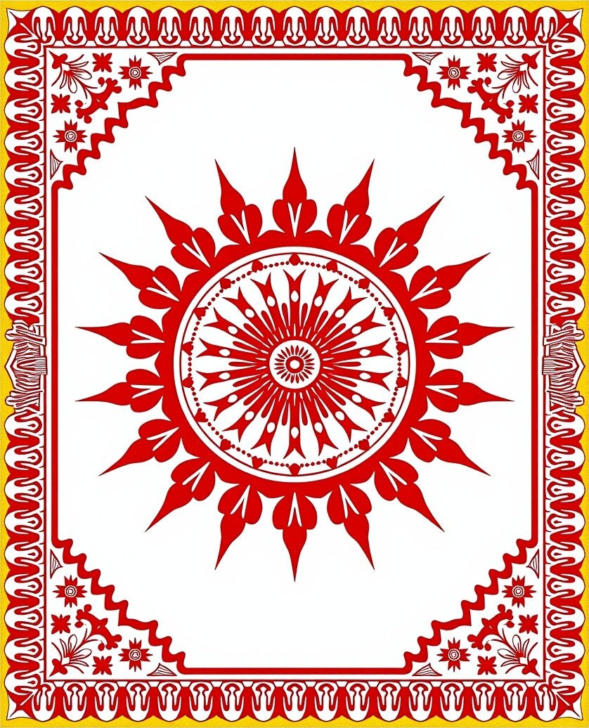 Bold Red Circular Sunburst Border Rug