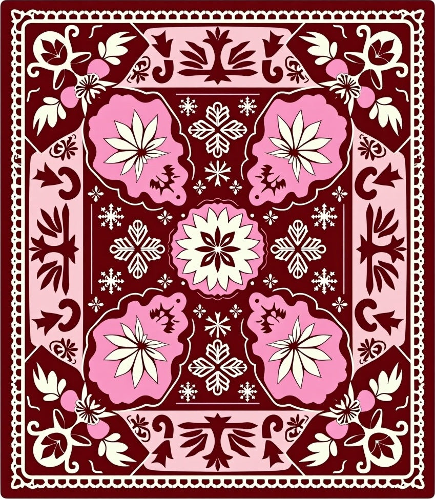 Crimson Pink Floral Folk Art Rug