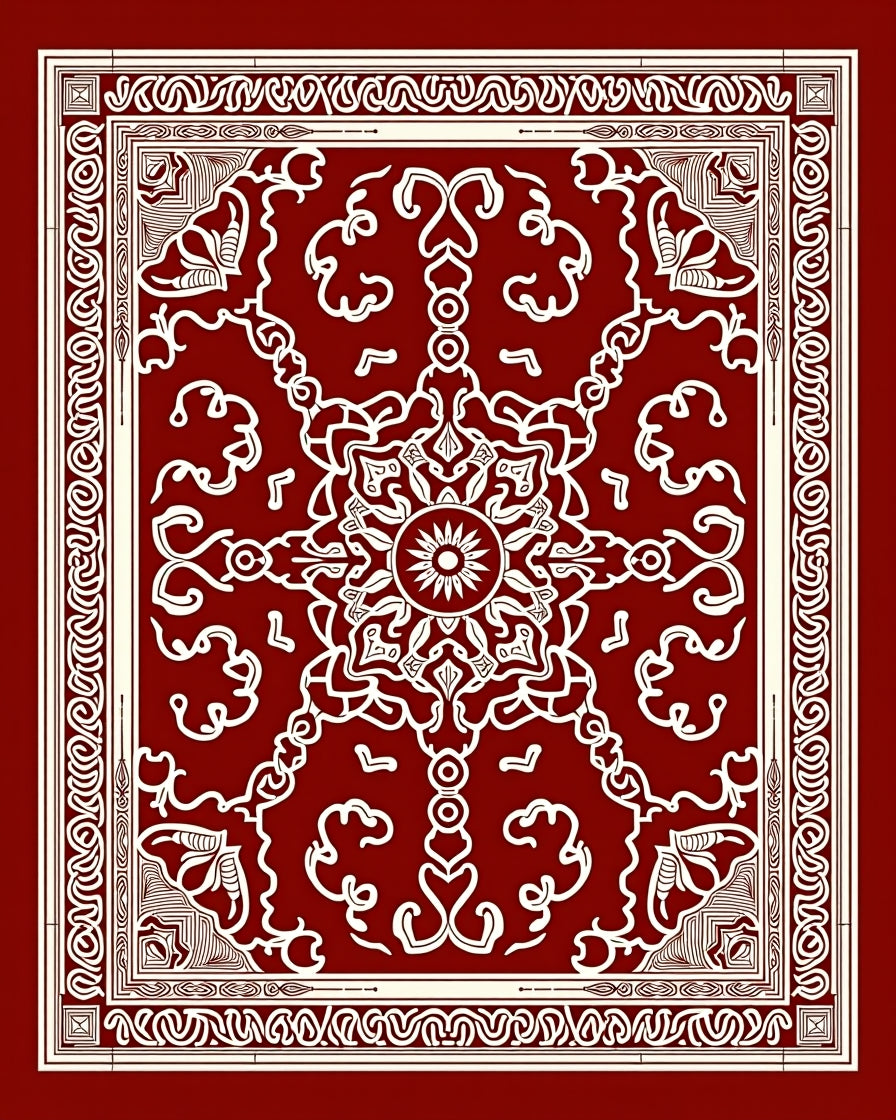 Deep Red Scrollwork Medallion Rug