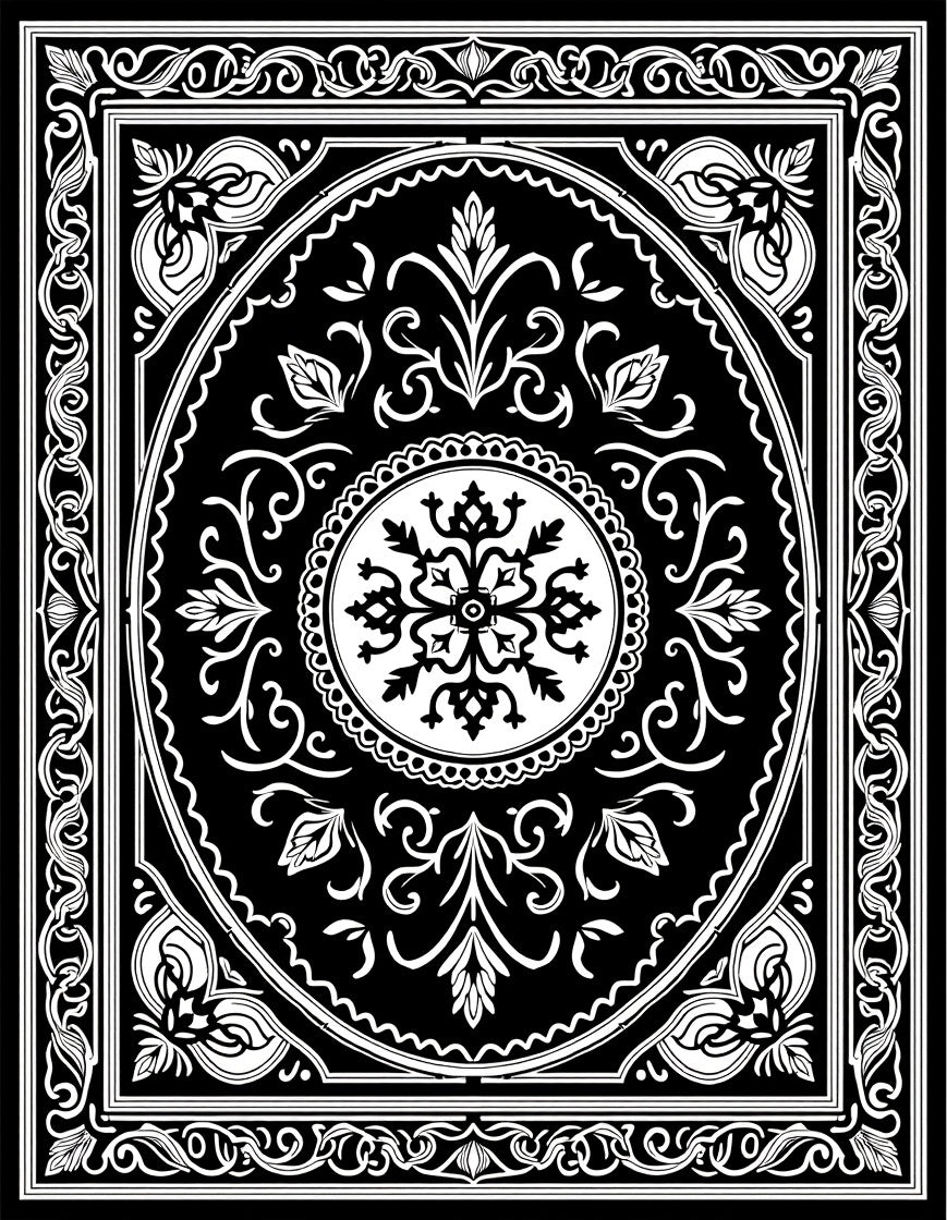 Ornate White Black Floral Oval Rug