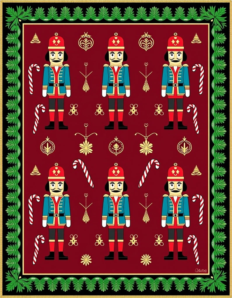 Festive Nutcrackers Red Christmas Scene Rug