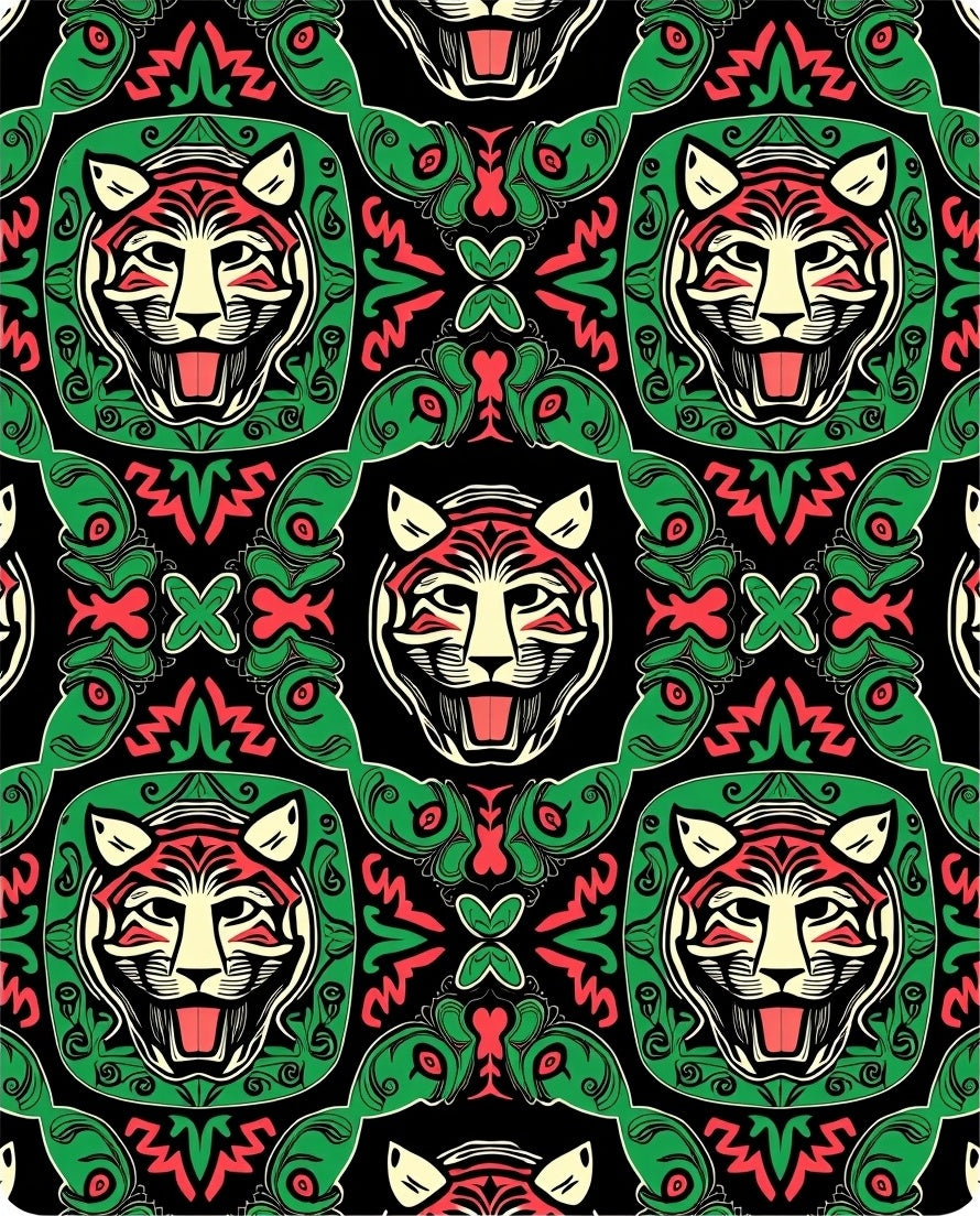 Bold Red Tiger Face Green Frame Rug