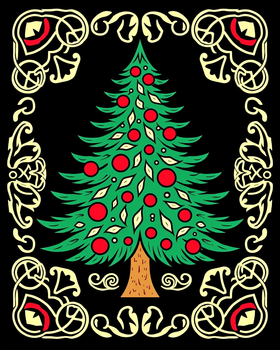 Festive Green Tree Red Ornament Border Rug