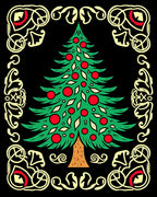 Festive Green Tree Red Ornament Border Rug